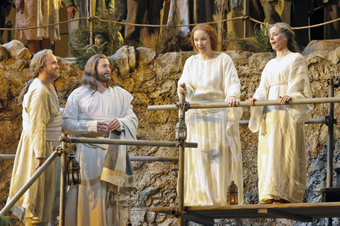 William Burden (Peter), Nathan Gunn (Yeshua), Sasha Cooke (Mary Magdalene), Maria Kanyova (Miriam), The Gospel of Mary Magdalene, Mark Adamo. San Francisco Opera, 2012-13. Photographer: Cory Weaver/San Francisco Opera.