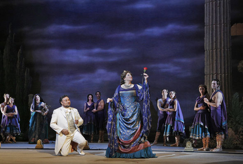 Ramon Vargas (Faust), Patricia Racette (Elena), Chorus, Mefistofele, Arrigo Boito. San Francisco Opera, 2013-14. Photographer: Cory Weaver/San Francisco Opera.