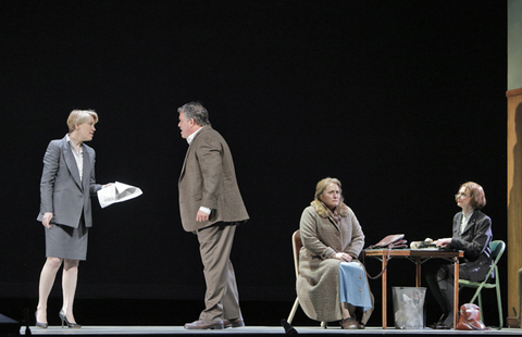 Susannah Biller (Selena St. George), Greg Fedderly (Detective Thibodeau), Patricia Racette (Dolores Claiborne), Priscilla Lore (Court Reporter), Dolores Claiborne, Tobias Picker. San Francisco Opera, 2013-14. Photographer: Cory Weaver/San Francisco Opera.