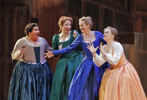 Meredith Arwady (Dame Quickly), Renee Rapier (Meg Page), Ainhoa Arteta (Alice Ford), Heidi Stober (Nannetta), Falstaff, Giuseppe Verdi. San Francisco Opera, 2013-14. Photographer: Cory Weaver/San Francisco Opera.