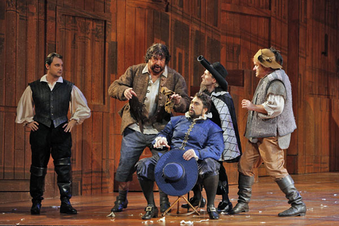 Francesco Demuro (Fenton), Andrea Silvestrelli (Pistola), Fabio Capitanucci (Ford), Joel Sorensen (Dr. Caius), Greg Fedderly (Bardolfo), Falstaff, Giuseppe Verdi. San Francisco Opera, 2013-14. Photographer: Cory Weaver/San Francisco Opera.