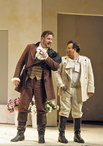 Lucas Meachem (Figaro), Javier Camarena (Count Almaviva), Il Barbiere di Siviglia, Gioachino Rossini. San Francisco Opera, 2013-14. Photographer: Cory Weaver/San Francisco Opera.