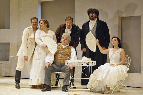 Alek Shrader (Count Almaviva), Catherine Cook (Berta), Maurizio Muraro (Dr. Bartolo), Audun Iversen (Figaro), Andrea Silvestrelli (Don Basilio), Daniela Mack (Rosina), Il Barbiere di Siviglia, Gioachino Rossini. San Francisco Opera, 2013-14. Photographer: Cory Weaver/San Francisco Opera.