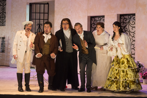 Matthew Grills (Count Almaviva), Joo Won Kang (Figaro), Ao Li (Don Basilio), Philippe Sly (Doctor Bartolo), Marina Harris (Berta), Laura Krumm (Rosina), The Barber of Seville for Families, Gioachino Rossini. San Francisco Opera, 2013-14. Photographer: Kristen Loken/San Francisco Opera.