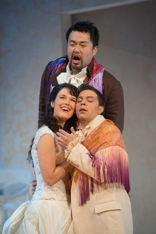 Laura Krumm (Rosina), Joo Won Kang (Figaro), Matthew Grills (Count Almaviva), The Barber of Seville for Families, Gioachino Rossini. San Francisco Opera, 2013-14. Photographer: Kristen Loken/San Francisco Opera.