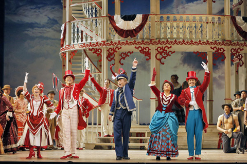 Kirsten Wyatt (Ellie Mae Chipley), John Bolton (Frank Schultz), Bill Irwin (Cap'n Andy Hawks), Patricia Racette (Julia La Verne), Patrick Cummings (Steve Baker), Chorus, Show Boat, Jerome Kern. San Francisco Opera, 2013-14. Photographer: Cory Weaver/San Francisco Opera.