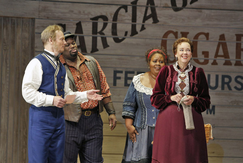 Bill Irwin (Cap'n Andy Hawks), Morris Robinson (Joe), Angela Renee Simpson (Queenie), Harriet Harris (Parthy Ann Hawks), Show Boat, Jerome Kern. San Francisco Opera, 2013-14. Photographer: Cory Weaver/San Francisco Opera.