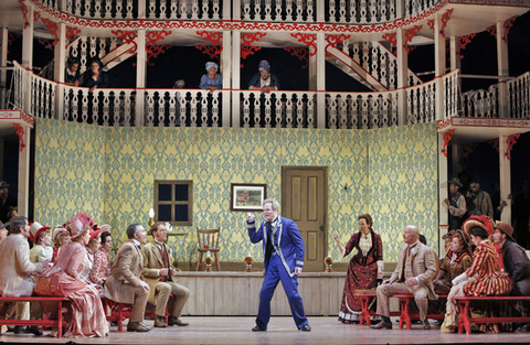 Bill Irwin (Cap'n Andy Hawks), Harriet Harris (Parthy Ann Hawks), Chorus, Show Boat, Jerome Kern. San Francisco Opera, 2013-14. Photographer: Cory Weaver/San Francisco Opera.