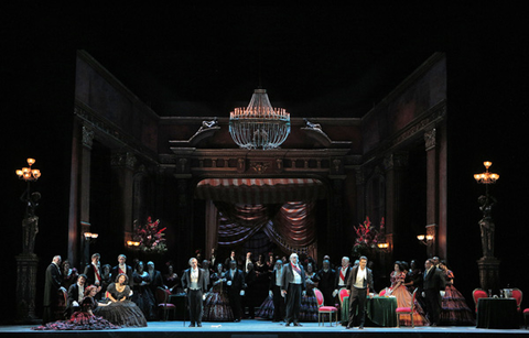 Zanda Svede (Flora Bervoix), Nicole Cabell (Violetta Valéry), Vladimir Stoyanov (Giorgio Germont), Dale Travis (Baron Douphol), Saimir Pirgu (Alfredo Germont), Chorus, La Traviata, Giuseppe Verdi. San Francisco Opera, 2013-14. Photographer: Cory Weaver/San Francisco Opera.