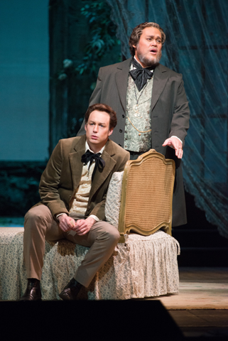 Stephen Costello (Alfredo Germont), Quinn Kelsey (Giorgio Germont), La Traviata, Giuseppe Verdi. San Francisco Opera, 2013-14. Photographer: Cory Weaver/San Francisco Opera.