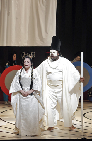 Patricia Racette (Cio-Cio-San), Morris Robinson (The Bonze), Madama Butterfly, Giacomo Puccini. San Francisco Opera, 2013-14. Photographer: Cory Weaver/San Francisco Opera.