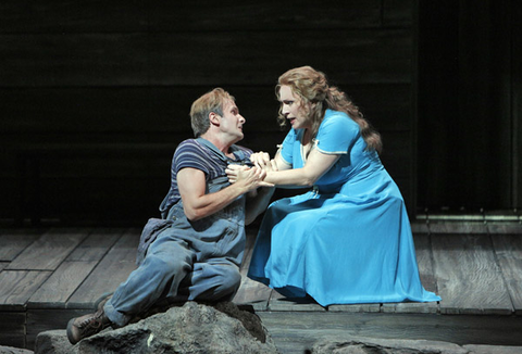 James Kryshak (Little Bat McLean), Patricia Racette (Susannah Polk), Susannah, Carlisle Floyd. San Francisco Opera, 2014-15. Photographer: Cory Weaver/San Francisco Opera.