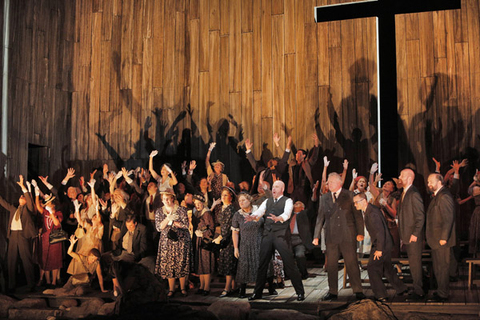 Raymond Aceto (Reverend Olin Blitch), Chorus, Susannah, Carlisle Floyd. San Francisco Opera, 2014-15. Photographer: Cory Weaver/San Francisco Opera.