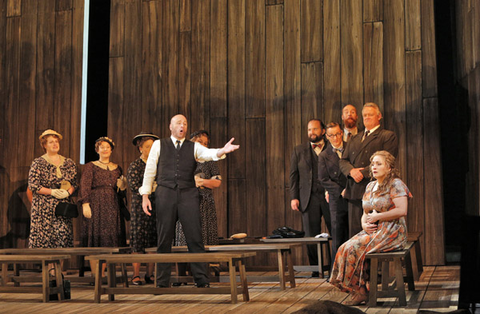 Raymond Aceto (Reverend Olin Blitch), Patricia Racette (Susannah Polk), Chorus, Susannah, Carlisle Floyd. San Francisco Opera, 2014-15. Photographer: Cory Weaver/San Francisco Opera.