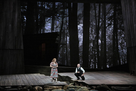 Patricia Racette (Susannah Polk), Raymond Aceto (Reverend Olin Blitch), Susannah, Carlisle Floyd. San Francisco Opera, 2014-15. Photographer: Cory Weaver/San Francisco Opera.