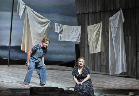 James Kryshak (Little Bat McLean), Patricia Racette (Susannah Polk), Susannah, Carlisle Floyd. San Francisco Opera, 2014-15. Photographer: Cory Weaver/San Francisco Opera.