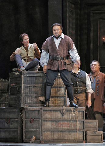 Heidi Stober (Oscar), Ramon Vargas (Gustavus), Chorus, Un Ballo in Maschera, Giuseppe Verdi. San Francisco Opera, 2014-15. Photographer: Cory Weaver/San Francisco Opera.