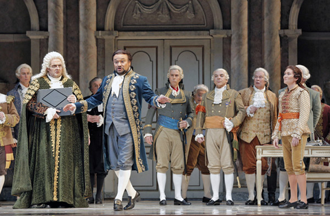 AJ Glueckert (Chief Magistrate), Ramon Vargas (Gustavus), Chorus, Un Ballo in Maschera, Giuseppe Verdi. San Francisco Opera, 2014-15. Photographer: Cory Weaver/San Francisco Opera.