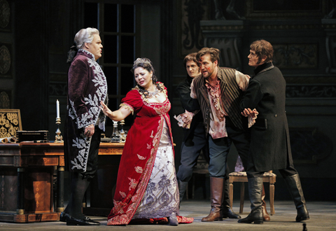 Mark Delavan (Scarpia), Lianna Haroutounian (Tosca), Brian Jagde (Cavaradossi), Tosca, Giacomo Puccinni. San Francisco Opera, 2014-15. Photographer: Cory Weaver/San Francisco Opera.