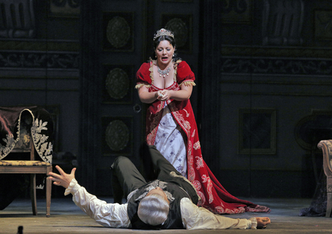 Lianna Haroutounian (Tosca), Mark Delavan (Scarpia), Tosca, Giacomo Puccinni. San Francisco Opera, 2014-15. Photographer: Cory Weaver/San Francisco Opera.