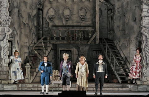 Maria Valdes (Clorinda), Efraín Solis (Dandini), Carlos Chausson (Don Magnifico), Karine Deshayes (Cenerentola), René Barbera (Ramiro), Zanda Švede (Tisbe), La Cenerentola, Gioachino Rossini. San Francisco Opera, 2014-15. Photographer: Cory Weaver/San Francisco Opera.