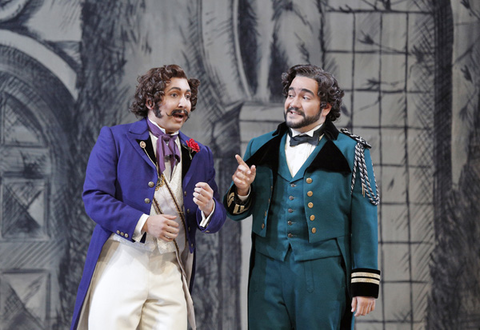 Efraín Solis (Dandini), René Barbera (Ramiro), La Cenerentola, Gioachino Rossini. San Francisco Opera, 2014-15. Photographer: Cory Weaver/San Francisco Opera.