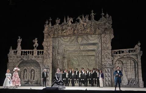 Zanda Švede (Tisbe), Maria Valdes (Clorinda), Christia Van Horn (Alidoro), Karine Deshayes (Cenerentola), René Barbera (Ramiro), Chorus, La Cenerentola, Gioachino Rossini. San Francisco Opera, 2014-15. Photographer: Cory Weaver/San Francisco Opera.