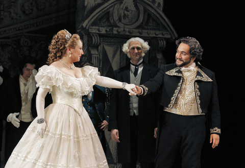 Karine Deshayes (Cenerentola), Christian Van Horn (Alidoro), René Barbera (Ramiro), La Cenerentola, Gioachino Rossini. San Francisco Opera, 2014-15. Photographer: Cory Weaver/San Francisco Opera.