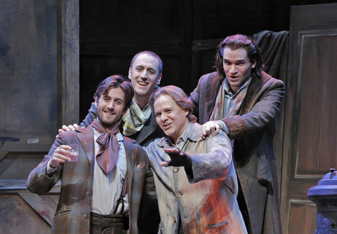 Hadleigh Adams (Schaunard), Christian Van Horn (Colliine), Alexey Markov (Marcello), Michael Fabiano (Rodolfo), La Bohème, Giacomo Puccini. San Francisco Opera, 2014-15. Photographer: Cory Weaver/San Francisco Opera.