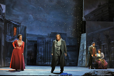 Ellie Dehn (Musetta), Brian Mulligan (Marcello), Giorgio Berrugi (Rodofo), Leah Crocetto (Mimì), La Bohème, Giacomo Puccini. San Francisco Opera, 2014-15. Photographer: Cory Weaver/San Francisco Opera.