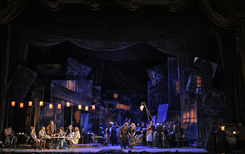 Hadleigh Adams (Schaunard), Christian Van Horn (Colline) Giorgio Berrugi (Rodolfo), Leah Crocetto (Mimì), Brian Mulligan (Marcello), Chorus, La Bohème, Giacomo Puccini. San Francisco Opera, 2014-15. Photographer: Cory Weaver/San Francisco Opera.