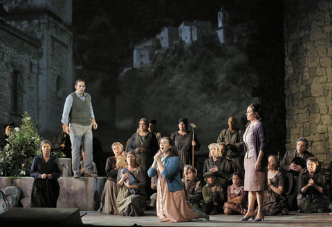 Dimitri Pittas (Michel), Sarah Shafer (Rosetta), Anna Caterina Antonacci (Cesira), Chorus, Two Women, Marco Tutino. San Franisco Opera, 2014-15. Photographer: Cory Weaver/San Francisco Opera.