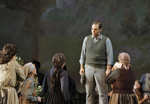 Dimitri Pittas (Michele), Chorus, Two Women, Marco Tutino. San Franisco Opera, 2014-15. Photographer: Cory Weaver/San Francisco Opera.