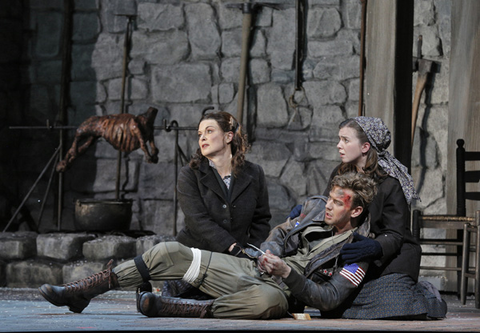 Anna Caterina Antonacci (Cesira), Edward Nelson (John Buckley), Sarah Shafer (Rosetta), Two Women, Marco Tutino. San Franisco Opera, 2014-15. Photographer: Cory Weaver/San Francisco Opera.