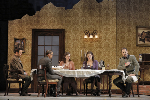 Dimitri Pittas (Michele), Joel Sorensen (Pasquale Sciortino), Sarah Shafer (Rosetta), Anna Caterina Antonacci (Cesira), Christian Van Horn (Fedor von Bock), Two Women, Marco Tutino. San Franisco Opera, 2014-15. Photographer: Cory Weaver/San Francisco Opera.