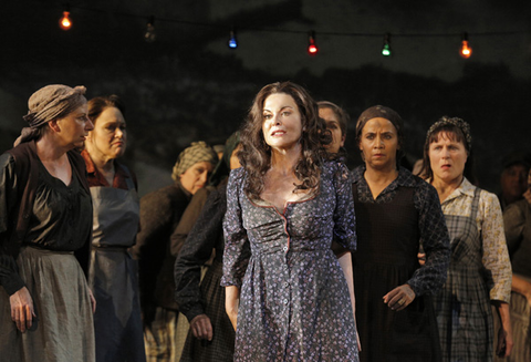 Anna Caterina Antonacci (Cesira), Chorus,Two Women, Marco Tutino. San Franisco Opera, 2014-15. Photographer: Cory Weaver/San Francisco Opera.