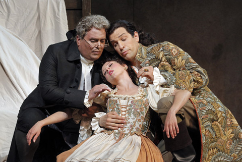 Greg Fedderly (Don Basilio), Lisette Oropesa (Susanna), Luca Pisaroni (Count Almaviva), Le Nozze di Figaro, Wolfgang Amadeus Mozart. San Francisco Opera, 2014-15. Photographer: Cory Weaver/San Francisco Opera.