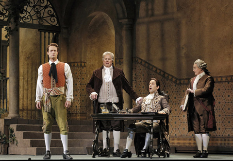 Philippe Sly (Figaro), John Del Carlo (Dr. Bartolo), Luca Pisaroni (Count Almaviva), John Easterlin (Don Curzio), Le Nozze di Figaro, Wolfgang Amadeus Mozart. San Francisco Opera, 2014-15. Photographer: Cory Weaver/San Francisco Opera.