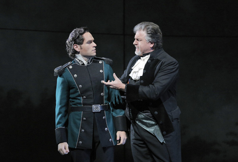 Michael Fabiano (Rodolfo), Daniel Sumegi (Walter), Luisa Miller, Giuseppe Verdi. San Francisco Opera, 2015-16. Photographer: Cory Weaver/San Francisco Opera.