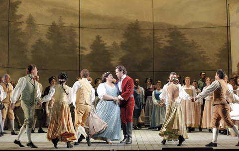 Leah Crocetto (Luisa Miller), Michael Fabiano (Rodolfo), Chorus, Luisa Miller, Giuseppe Verdi. San Francisco Opera, 2015-16. Photographer: Cory Weaver/San Francisco Opera.