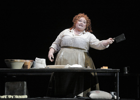 Stephanie Blythe (Mrs. Lovett), Brian Mulligan (Sweeney Todd), Sweeney Todd, Stephen Sondheim. San Francisco Opera, 2015-16. Photographer: Cory Weaver/San Francisco Opera.