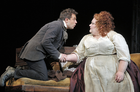 Matthew Grills (Tobias Ragg), Stephanie Blythe (Mrs. Lovett), Sweeney Todd, Stephen Sondheim. San Francisco Opera, 2015-16. Photographer: Cory Weaver/San Francisco Opera.