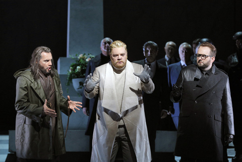 Nicolas Teste (Raimondo), Bran Mulligan (Enrico), AJ Glueckert (Normanno), Lucia di Lammermoor, Gaetano Donizetti. San Francisco Opera, 2015-16. Photographer: Cory Weaver/San Francisco Opera.