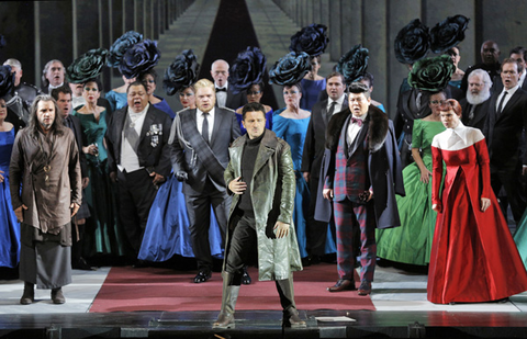 Nicolas Teste (Raimondo), Bran Mulligan (Enrico), Piotr Beczala (Edgardo), Chong Wang (Arturo), Zanda Švēde (Alisa), Chorus, Lucia di Lammermoor, Gaetano Donizetti. San Francisco Opera, 2015-16. Photographer: Cory Weaver/San Francisco Opera.