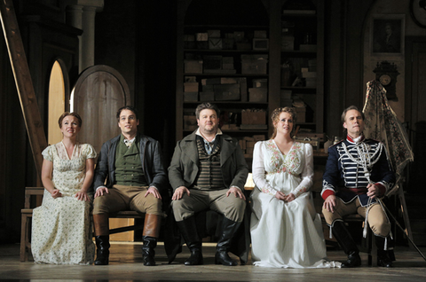 Sasha Cooke (Magdalene), Alek Shrader (David), James Rutherford (Hans Sachs), Rachel Willis-Sorensen (Eva), Brandon Jovanovich (Walther von Stolzing), Die Meistersinger von Nürnberg, Richard Wagner. San Francisco Opera 2015-16. Photographer: Cory Weaver/San Francisco Opera.