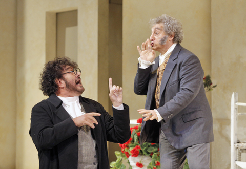 Andrea Silvestrelli (Don Basilio), Alessandro Corbelli (Doctor Bartolo), Il Barbiere di Siviglia, Gioachino Rossini. San Francisco Opera, 2015-16. Photographer: Cory Weaver/San Francisco Opera.