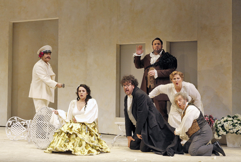 Rene Barbera (Count Almaviva), Daniela Mack (Rosina), Andrea Silvestrelli (Don Basilio), Lucas Meachem (Figaro), Catherine Cook (Berta), Alessandro Corbelli (Doctor Bartolo), Il Barbiere di Siviglia, Gioachino Rossini. San Francisco Opera, 2015-16. Photographer: Cory Weaver/San Francisco Opera.