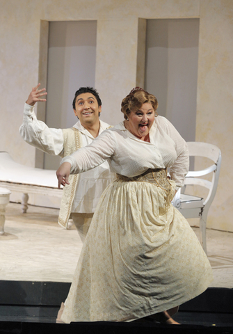 Efrain Solis (Ambrogio), Catherine Cook (Berta), Il Barbiere di Siviglia, Gioachino Rossini. San Francisco Opera, 2015-16. Photographer: Cory Weaver/San Francisco Opera.