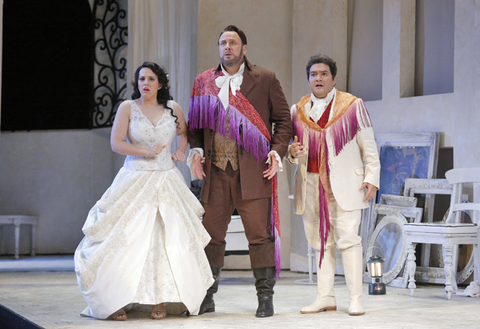 Daniela Mack (Rosina), Lucas Meachem (Figaro), Rene Barbera (Count Almaviva), Il Barbiere di Siviglia, Gioachino Rossini. San Francisco Opera, 2015-16. Photographer: Cory Weaver/San Francisco Opera.