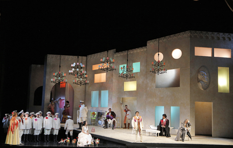 Catherine Cook (Berta), Daniela Mack (Rosina), Andrew Truett (Notary), Lucas Meachem (Figaro), Rene Barbera (Count Almaviva), Andrea Silvestrelli (Don Basilio), Alessandro Corbelli (Doctor Bartolo), Chorus, Il Barbiere di Siviglia, Gioachino Rossini. San Francisco Opera, 2015-16. Photographer: Cory Weaver/San Francisco Opera.